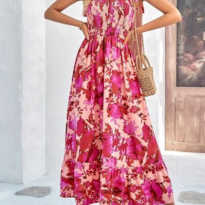Vestido de verano floral con lazo en los hombros-Rosa