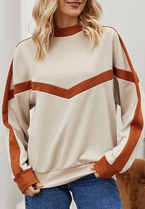 Two Tone Geometric Striped Sweater-Beige