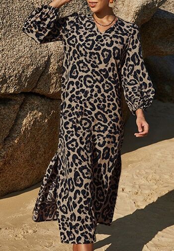 Robe mi-longue à manches bouffantes léopard-Marron 3