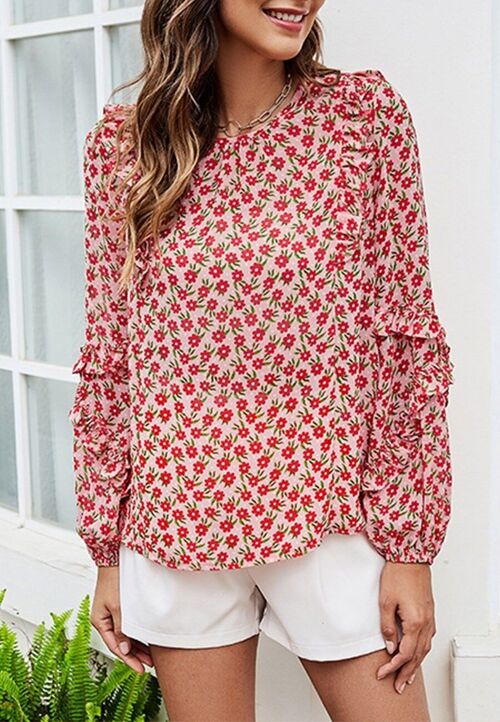 Floral Ruffle Long Sleeve Blouse-Red