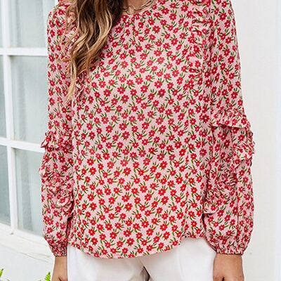 Floral Ruffle Long Sleeve Blouse-Red