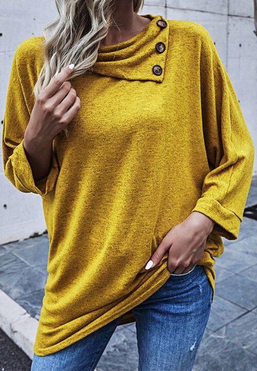Asymmetric Button Neck Sweater-Yellow