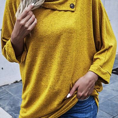 Asymmetric Button Neck Sweater-Yellow