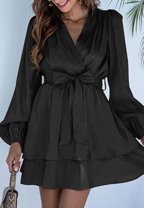 Solid Surplice Neck Tiered Dress-Black