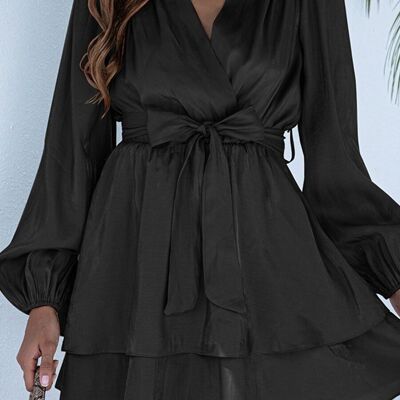 Solid Surplice Neck Tiered Dress-Black