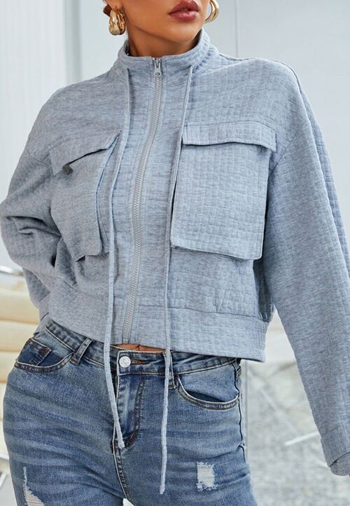 Waffle Knit Patch Pocket Jacket-Gray