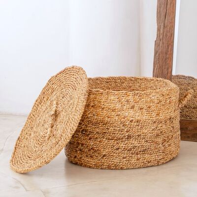 Large laundry basket with lid UMBUL made of water hyacinth | Brown Woven Storage Basket