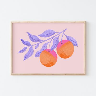 Orange Branch with Blue Leaves, Art Print