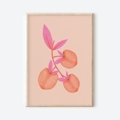 Peaches with Pink Leaves, Art Print