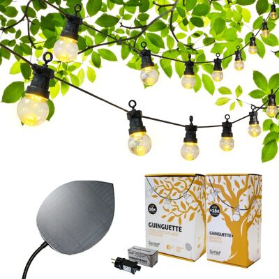 PACK - Guinguette Vintage 16 LED + Feuille Solaire + Extension 16 LED + Adaptateur Secteur