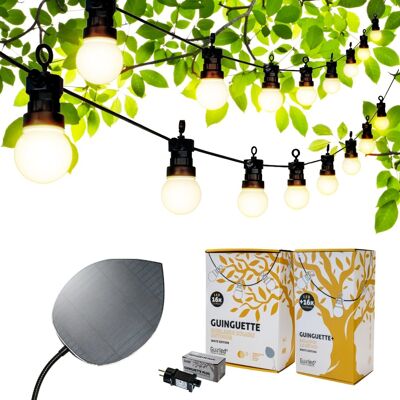 PACK - Guinguette White 16 LED + Feuille Solaire + Extension 16 LED + Adaptateur Secteur