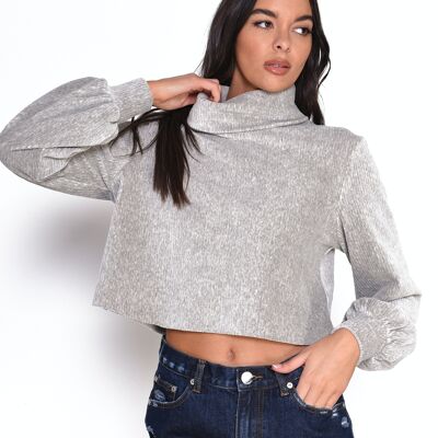 ROLL-NECK RIBBED TOP WITH LONG SLEEVES-GREY MARL VELOUR RIB