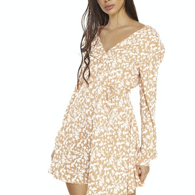 MINI DRESS WITH LONG SLEEVES, LOW V-NECK, AND WAIST TIE DETAIL-ORANGE SKETCHY FLOWER