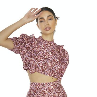 HIGH NECK CROP TOP WITH RUFFLE DETAIL-BURGUNDY CHINTZ FLORAL