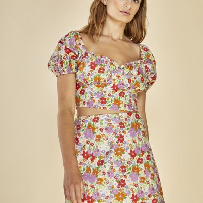 TIE BACK CROP TOP WITH PUFF SLEEVES-KITSCH RETRO FLORAL