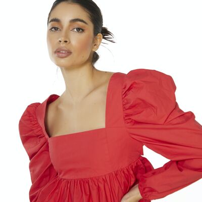 SMOCK CROP TOP WITH TIE BACK-RED