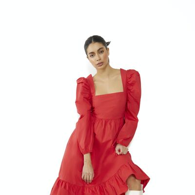 LONG SLEEVED SQUARE NECK TIERED MIDI DRESS-RED