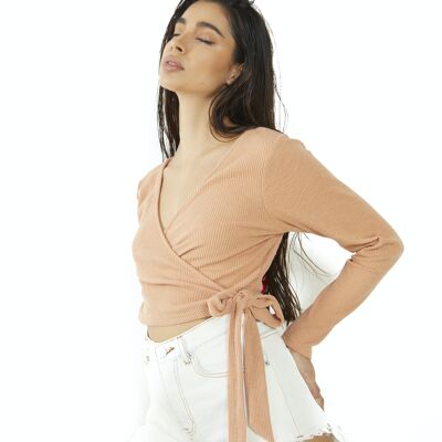 WRAP CROPPED TOP WITH LONG SLEEVES, PLUNGING NECKLINE, & SIDE TIE DETAIL-DUSTY ORANGE