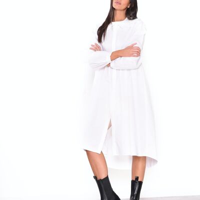 ROBE MIDI SMOCK AMPLE À COL DÉCOUPÉ ET MANCHES BOUFFANTES-BLANC