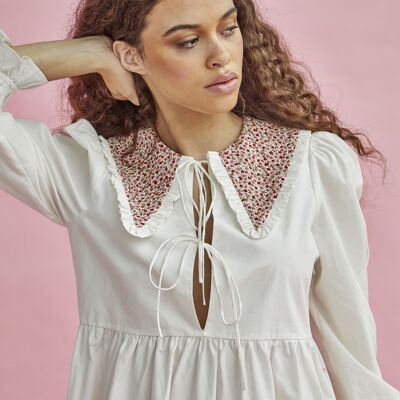 STATEMENT COLLAR SMOCK FIT MIDI DRESS WITH HIGH WAIST & FULL LENGTH SLEEVES-WHITE RED PINK DITSY