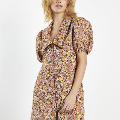 SCALLOP COLLAR V-NECK MINI DRESS WITH PUFF SLEEVES-AUTUMN FLOWER BROCADE