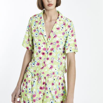 LAPEL COLLAR SHORT SLEEVE SHIRT-MULTI GREEN FLORAL