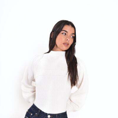 CROPPED RIBBED JUMPER WITH BALLOON LONG SLEEVES-OFF WHITE