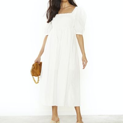 SMOCKED MIDI DRESS WITH PUFF SLEEVES-OFF WHITE