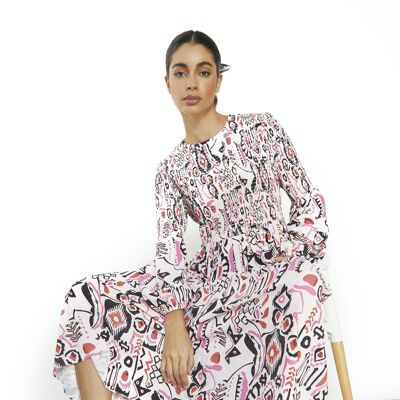 SHIRRING MIDAXI DRESS WITH BALLOON SHAPE LOWER SLEEVES-PINK MULTI ABSTRACT