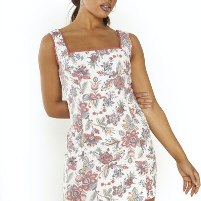 SLEEVELESS SQUARE NECK BINDING FITTED MINI DRESS-RUSTIC FLORAL RED