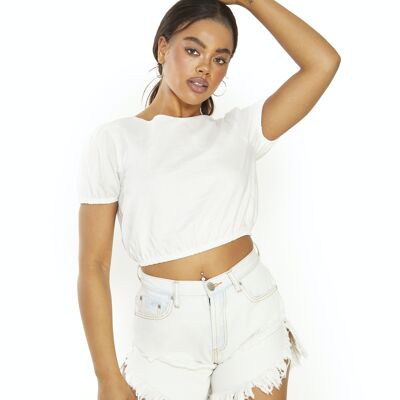 PUFF CROP TOP WITH CREW NECK-OFF WHITE