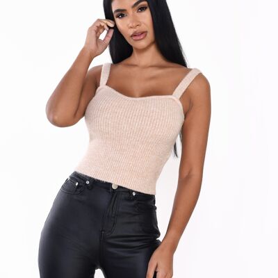 KNITTED RIBBED CROPPED CAMI WITH SWEETHEART NECKLINE-SAND WHITE MARL