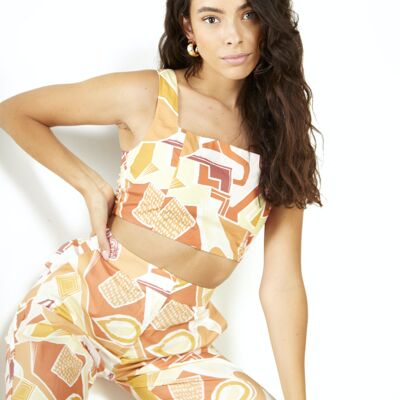SQUARE NECK FITTED CROP TOP WITH SMOCKED BACK PANEL-SUNWASHED ABSTRACT