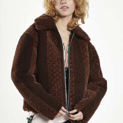 TEDDY FUR JACKET WITH COLLAR-BROWN STRIPE FUR