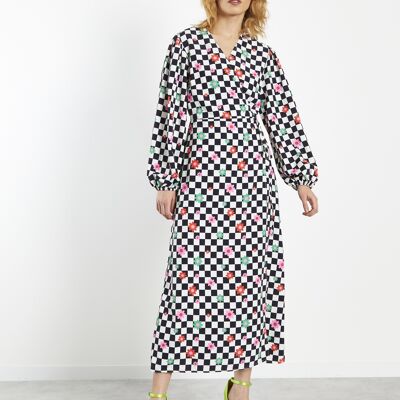 WRAP MIDI DRESS WITH LONG SLEEVES, V NECK, & TIE DETAIL-CHECKERBOARD FLOWER