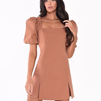 PUFF 1/2 SLEEVE SQUARE NECK MINI DRESS WITH FRONT SIDE SPLITS-SANDSTONE