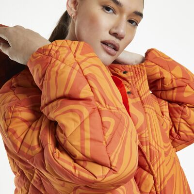 LONGLINE PUFFER WITH HOOD-ORANGE MARBLE QUILTED