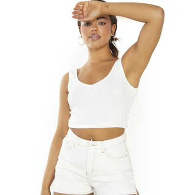 JERSEY BODYCON CROPPED PLUNGE NECK VEST-OFF WHITE