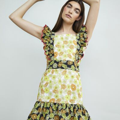 MIXED PRINT RUFFLE MINI DRESS WITH TIE DETAIL-RETRO FLORAL MIX