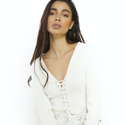 LACE-UP RIB KNIT BODYCON CROP TOP WITH COLLAR & LONG SLEEVES-OFF WHITE