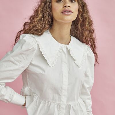 SCALLOPED HEM BABYDOLL TOP WITH COLLAR & VOLUME SLEEVES-OFF WHITE