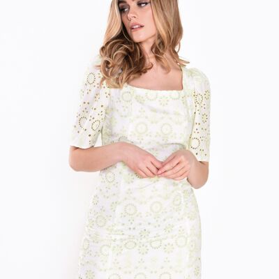 VESTITO SCOLLO QUADRATO CON MANICHE A SBUFFO-BRODERIE VERDE BIANCO