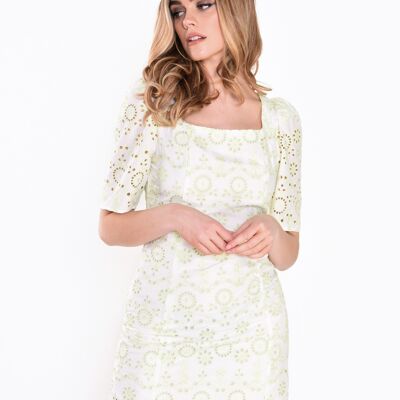 PUFF SLEEVE SQUARE NECK MINI DRESS-WHITE GREEN BRODERIE