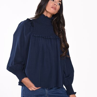 SMOCKED HIGH NECK BLOUSE WITH LONG SLEEVES-NAVY