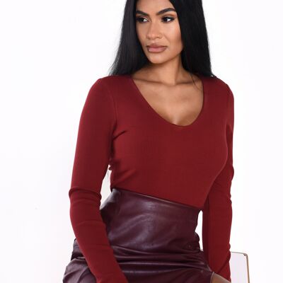 KNITTED BODYSUIT WITH PLUNGE NECKLINE, LONG SLEEVES, AND THONG BACK-DEEP RED