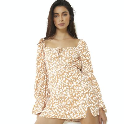 FITTED STRAIGHT NECK CROP TOP WITH DOUBLE PUFF SLEEVES-ORANGE SKETCHY FLOWER