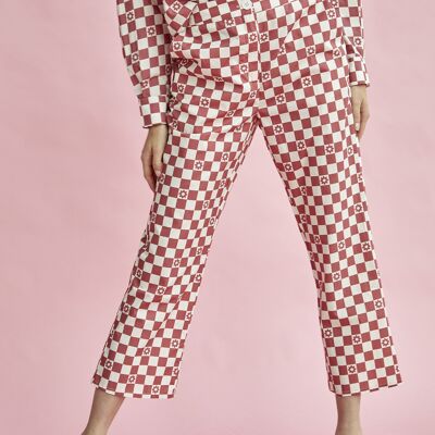 SEMI-FITTED CROPPED TROUSER-ROSE CHECKERBOARD FLOWER