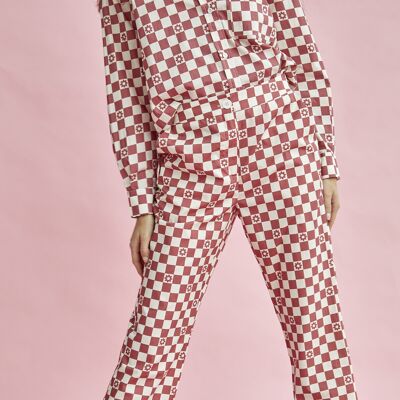 SEMI-FITTED CROPPED TROUSER-ROSE CHECKERBOARD FLOWER