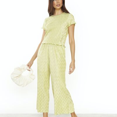 WIDE LEG PLISSE TROUSER WITH LETTUCE EDGE-GREEN PLISSE