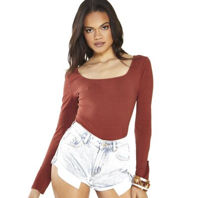 LONG SLEEVE BODYSUIT WITH ROUNDED SQUARE NECK-UMBER